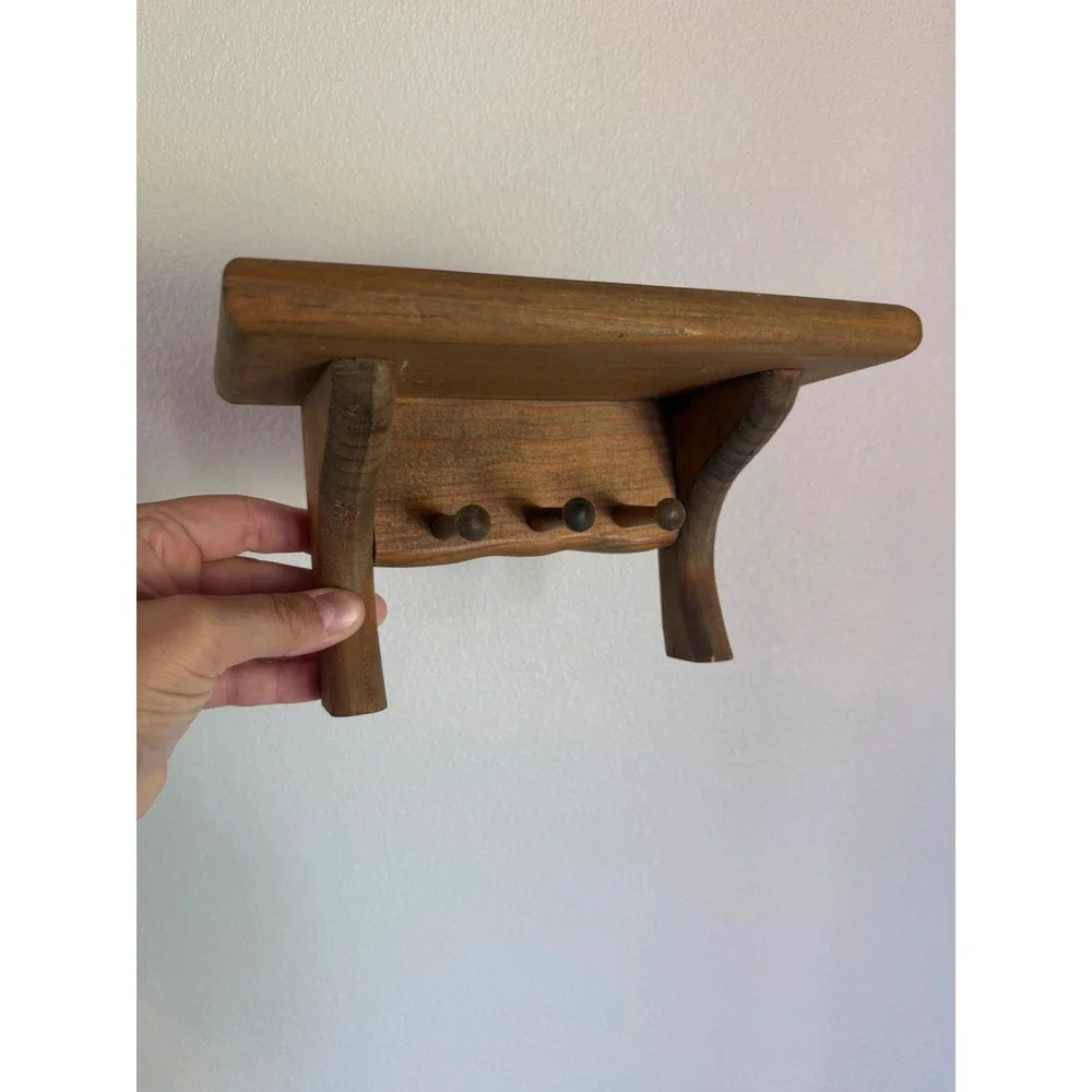 Vintage Wooden Wall Shelf Small Brown Good Rustic 3-Peg Key Rack Entryway